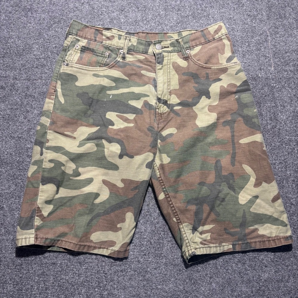 Levis 569 Loose Fit Camo Shorts Mens 33 Green Brown Woodland Camouflage Denim